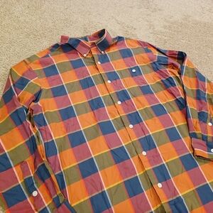 Orvis Men’s Plaid Button-Down Long Sleeved Shirt in Blue, Orange, & Green XL